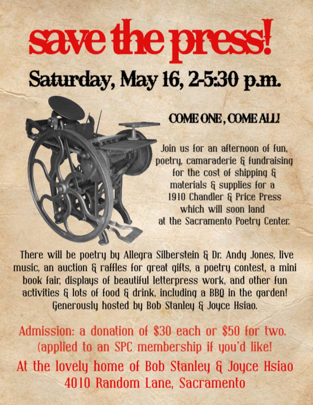 Flyer preview for SAVE THE PRESS! Fundraiser: May 16, 2-5:30 p.m.