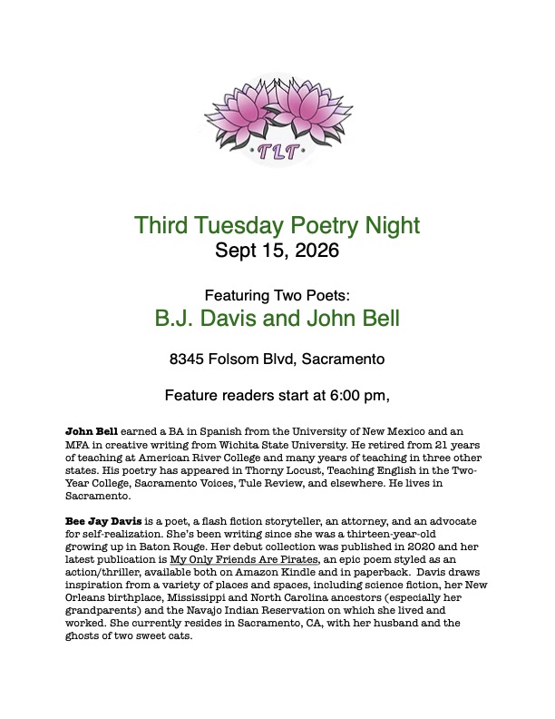 Third Tuesday Poetry Night flyer for September 15 2026 at Twin Lotus Thai, featuring B.J. Davis and John Bell